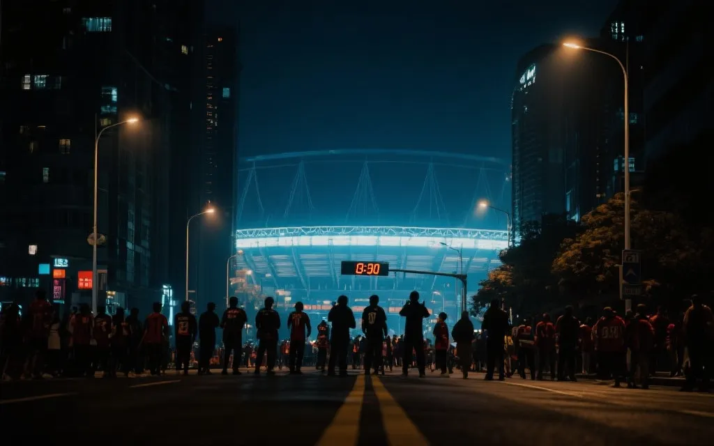 夜色中即将迎来大赛的城市街道与球迷剪影